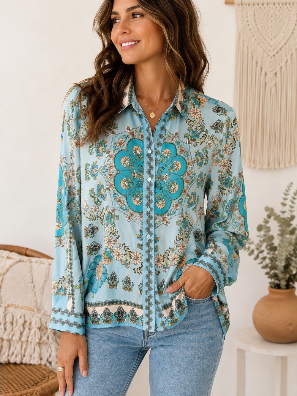 Light Blue Floral Button-Up Blouse